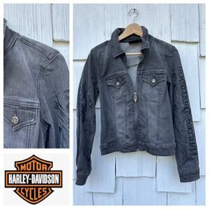 Harley-Davidson Womens Gray Denim Jean Jacket Front Zip Pockets Size S Small